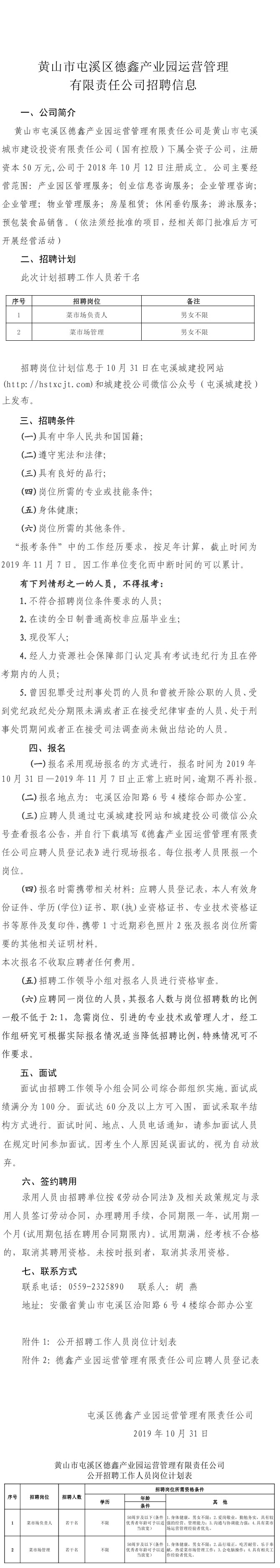 黃山市屯溪區(qū)德鑫產業(yè)園運營管理有限責任公司招聘信息